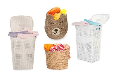 Image of Wicker baskets with laundry isolated on white, collage