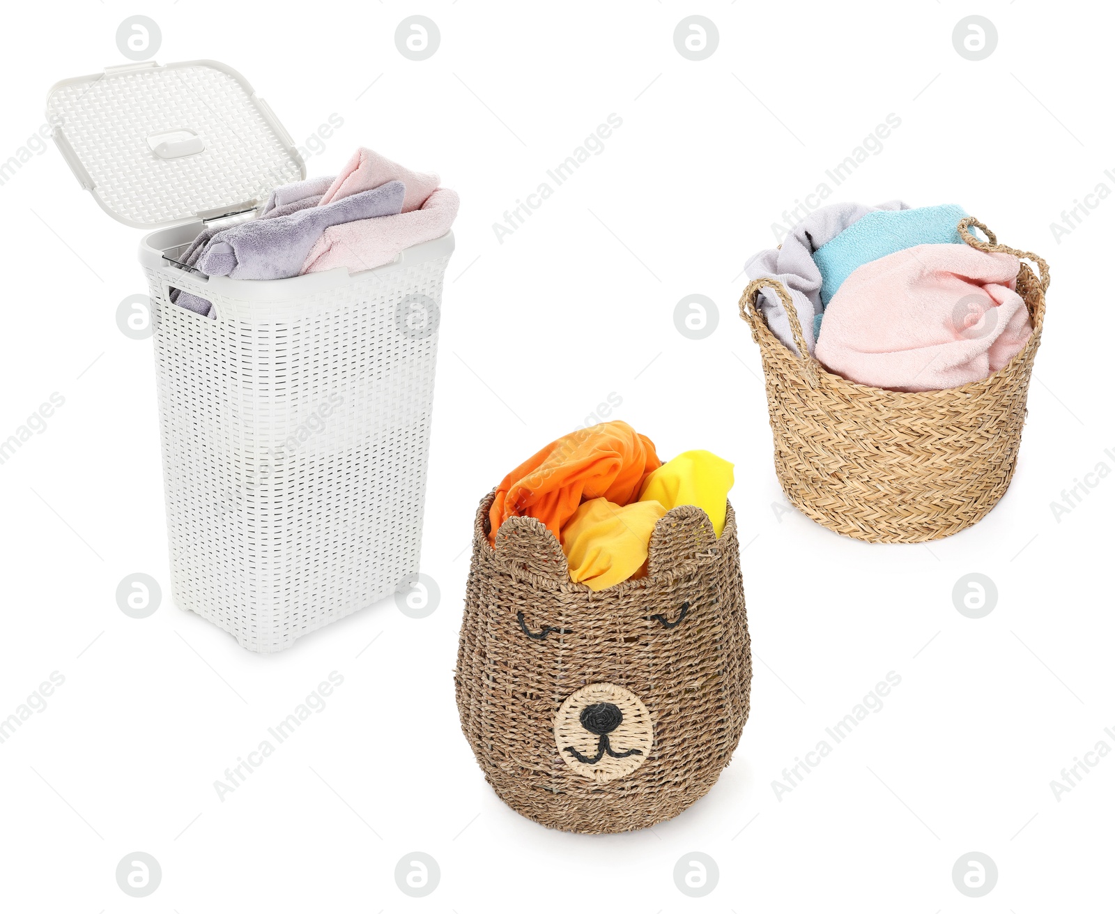 Image of Wicker baskets with laundry isolated on white, collage