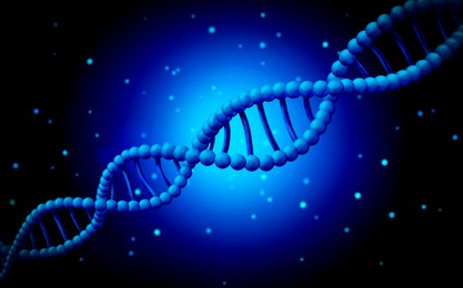 DNA double helix structure and atoms on dark background with light, illustration. Science of genetics