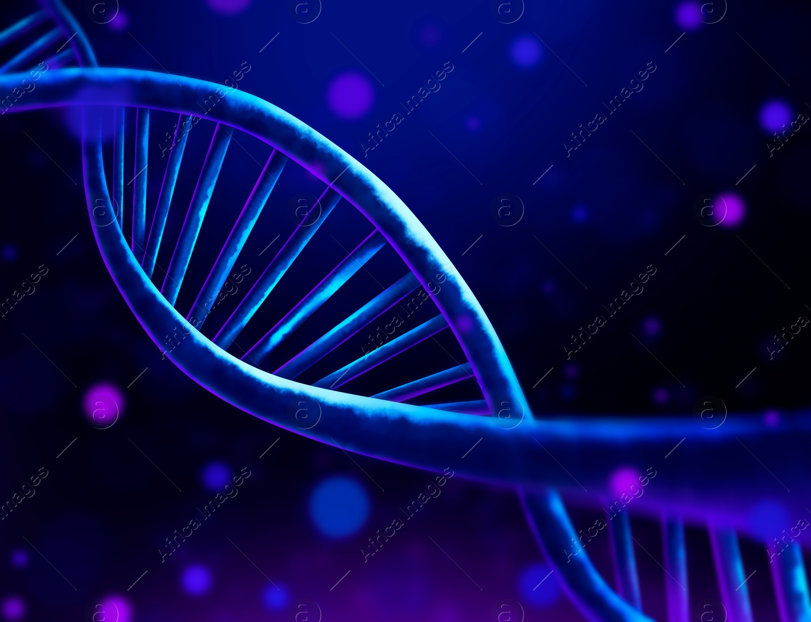 Image of DNA double helix structure and atoms on dark background, illustration. Science of genetics