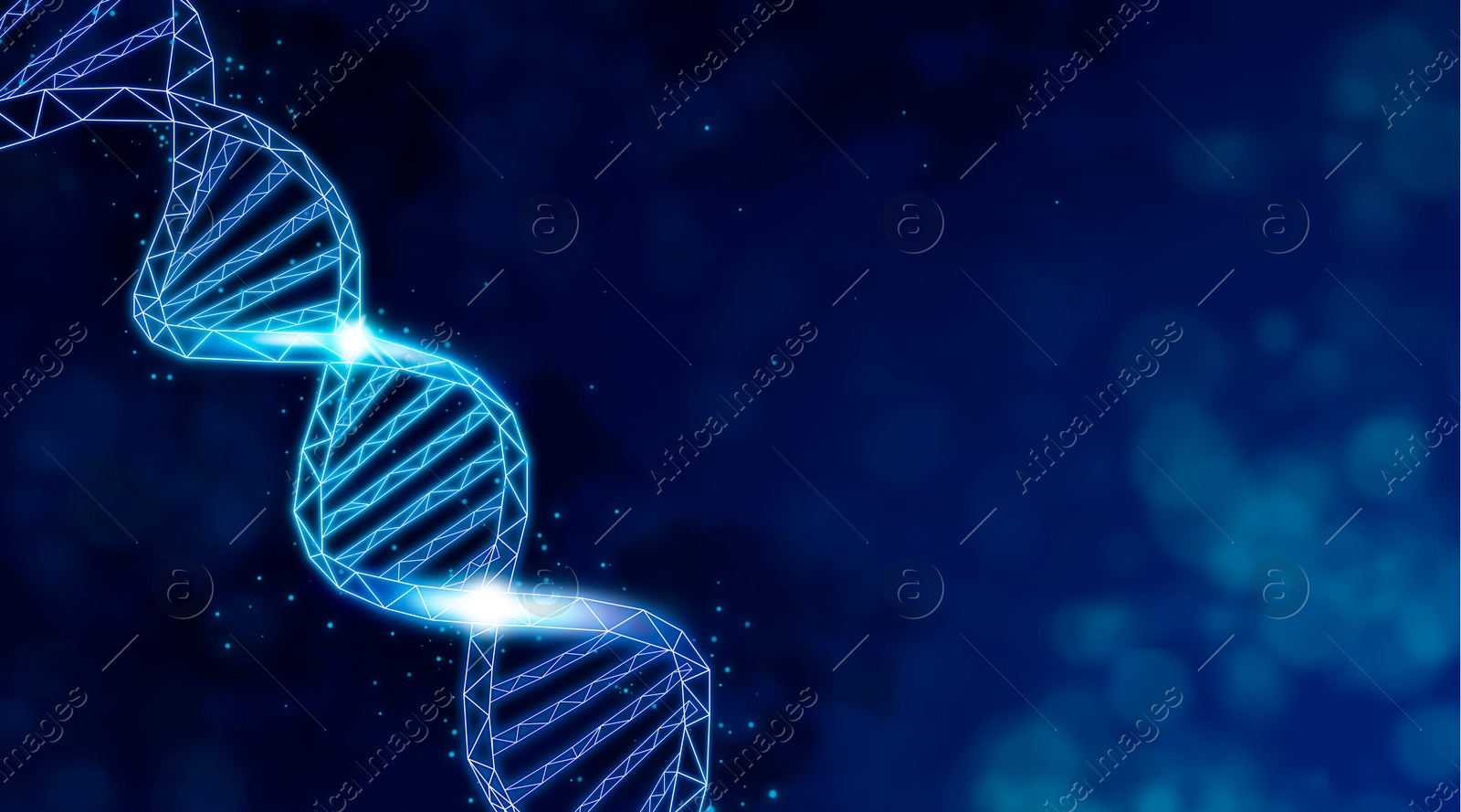 Image of DNA double helix structure on blurred background, illustration. Banner design. Science of genetics