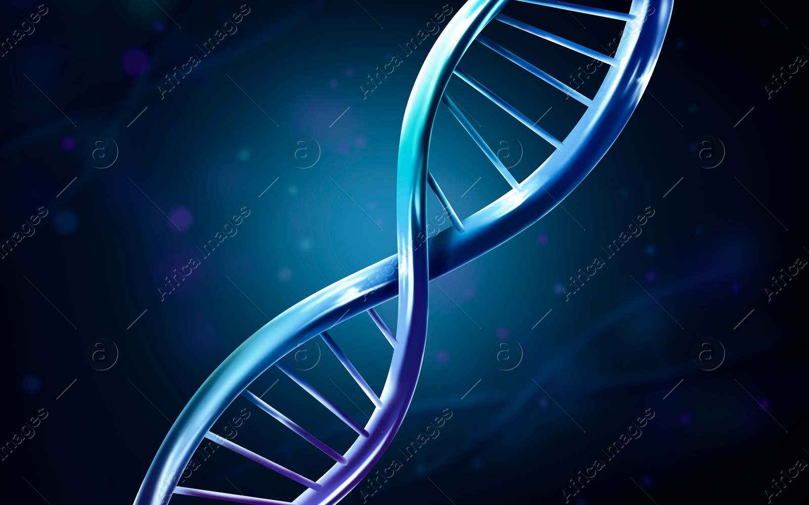 Image of DNA double helix structure on blurred background, illustration. Science of genetics