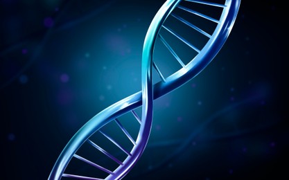 Image of DNA double helix structure on blurred background, illustration. Science of genetics