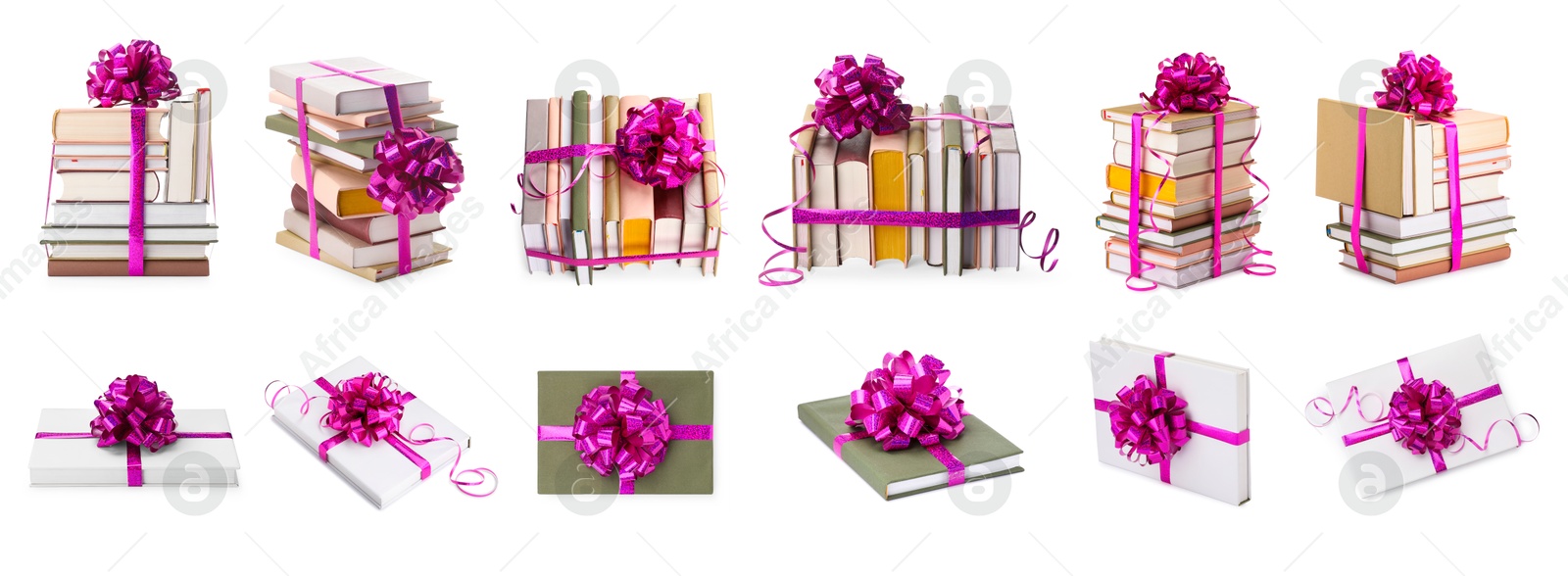 Image of Books decorated with magenta color bows isolated on white. Nice holiday gift