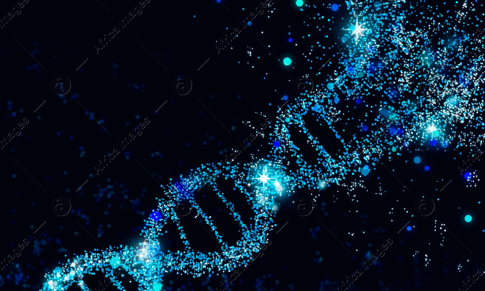 Image of DNA double helix structure dissolving into atoms on black background, illustration. Banner design. Science of genetics