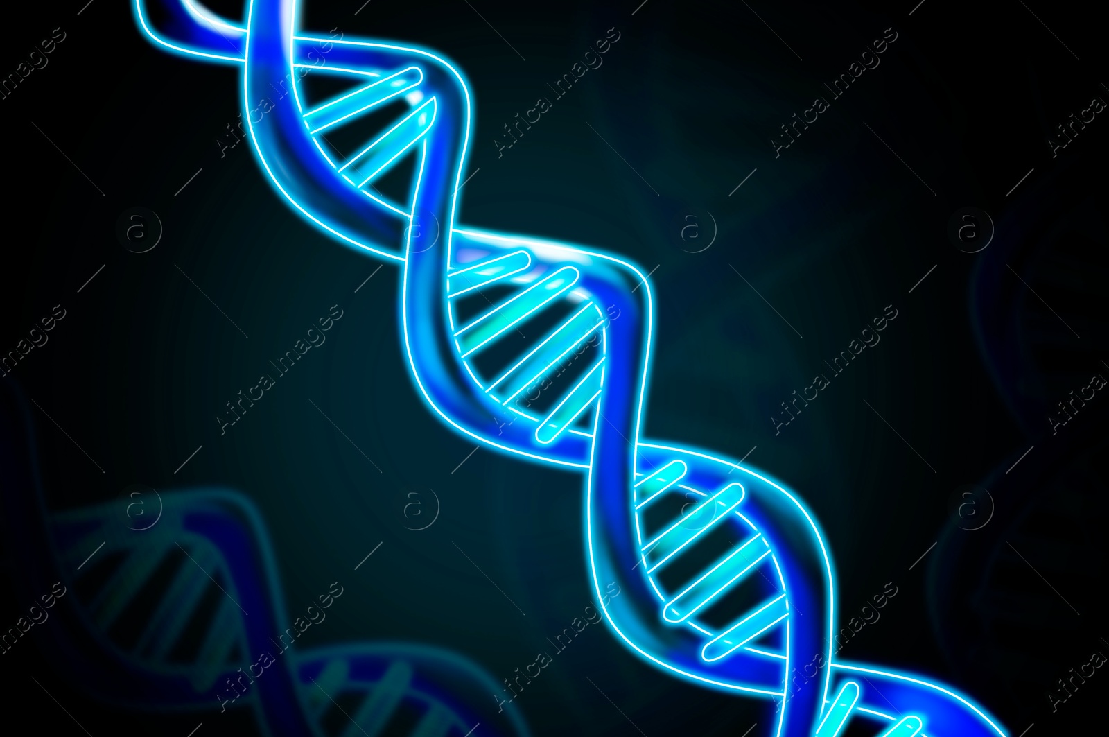 Image of DNA double helix structure on dark background, illustration. Science of genetics