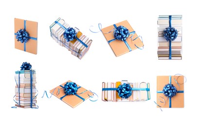 Image of Books decorated with blue bows isolated on white. Nice holiday gift