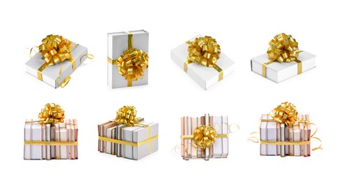 Image of Books decorated with golden color bows isolated on white. Nice holiday gift