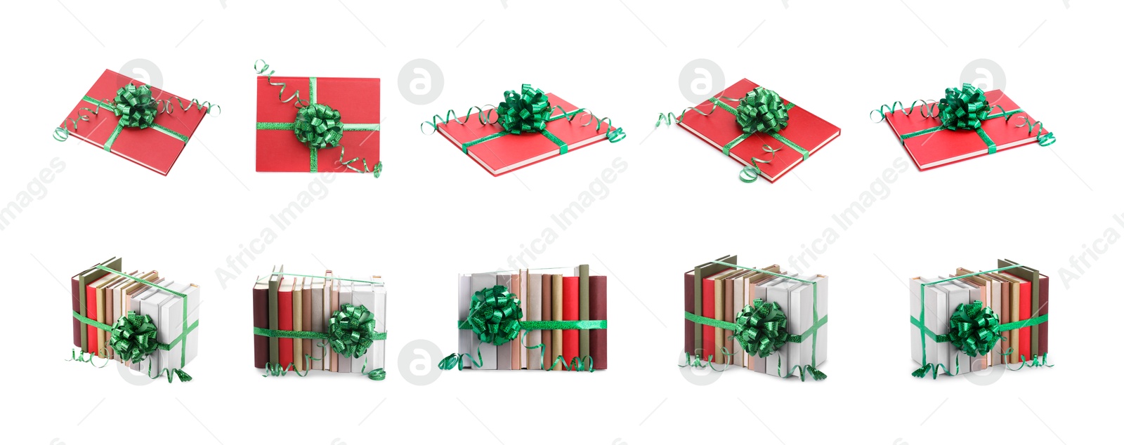 Image of Books decorated with green bows isolated on white. Nice holiday gift