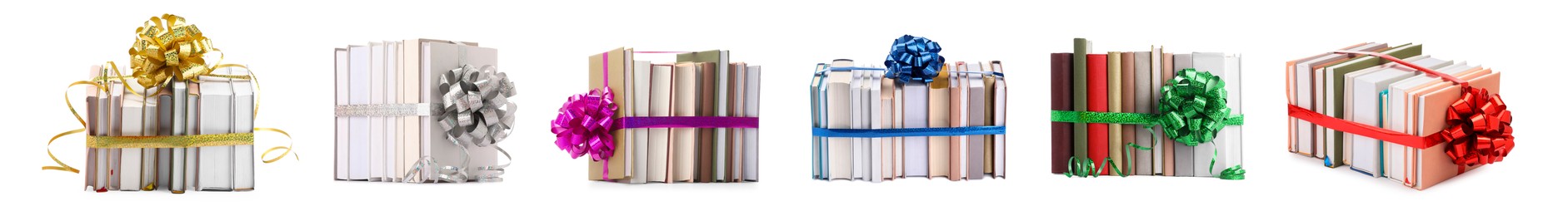 Image of Stacked books decorated with bows isolated on white. Nice holiday gift