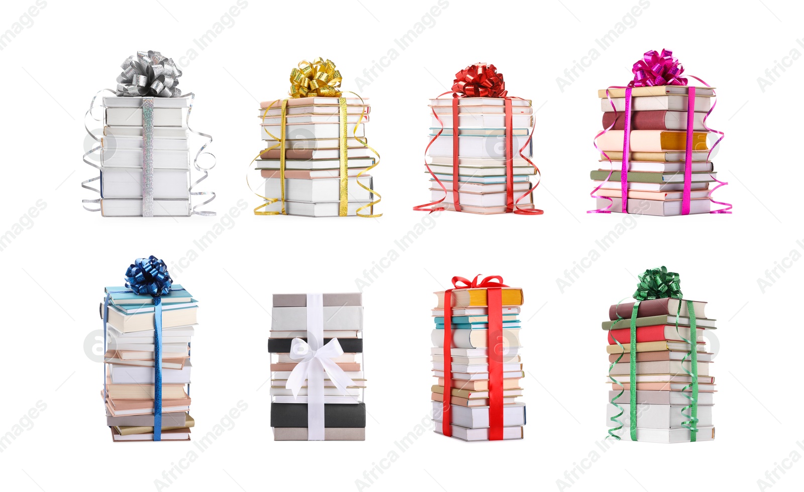 Image of Stacked books decorated with bows isolated on white. Nice holiday gift