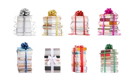 Image of Stacked books decorated with bows isolated on white. Nice holiday gift