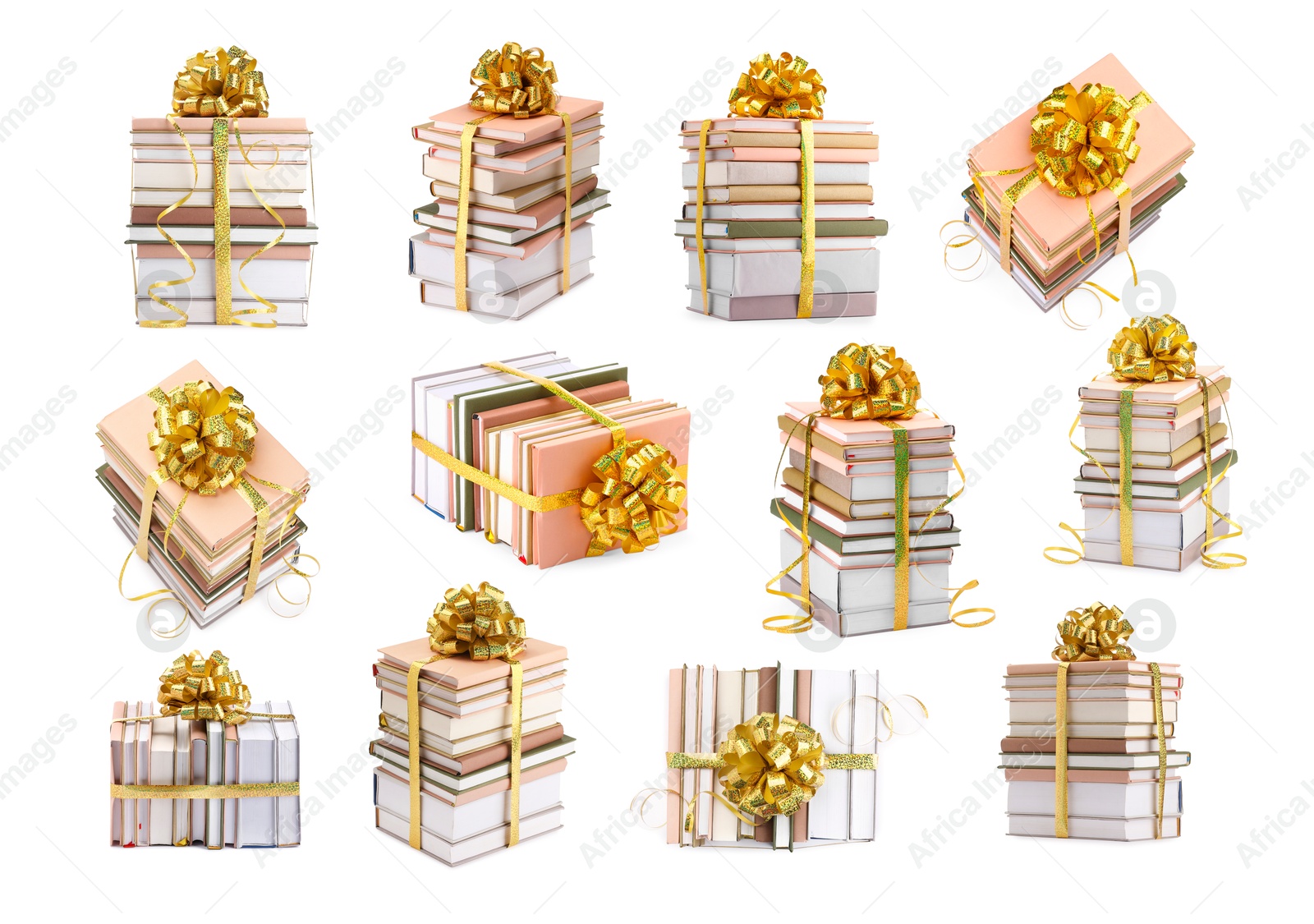 Image of Stacked books decorated with golden color bows isolated on white. Nice holiday gift