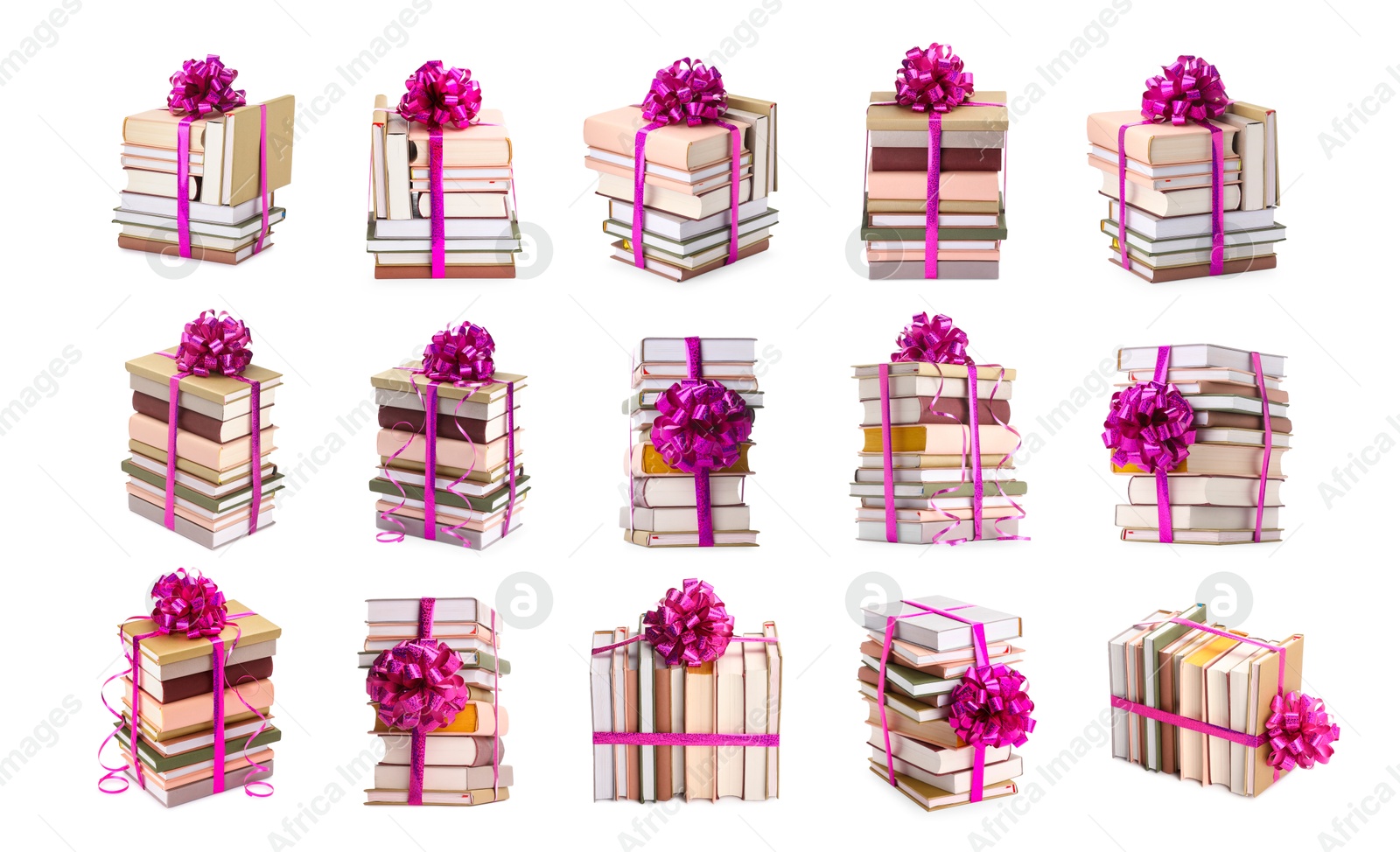 Image of Stacked books decorated with magenta color bows isolated on white. Nice holiday gift