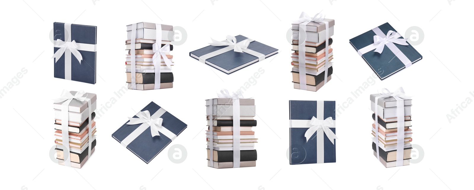 Image of Books decorated with bows isolated on white. Nice holiday gift