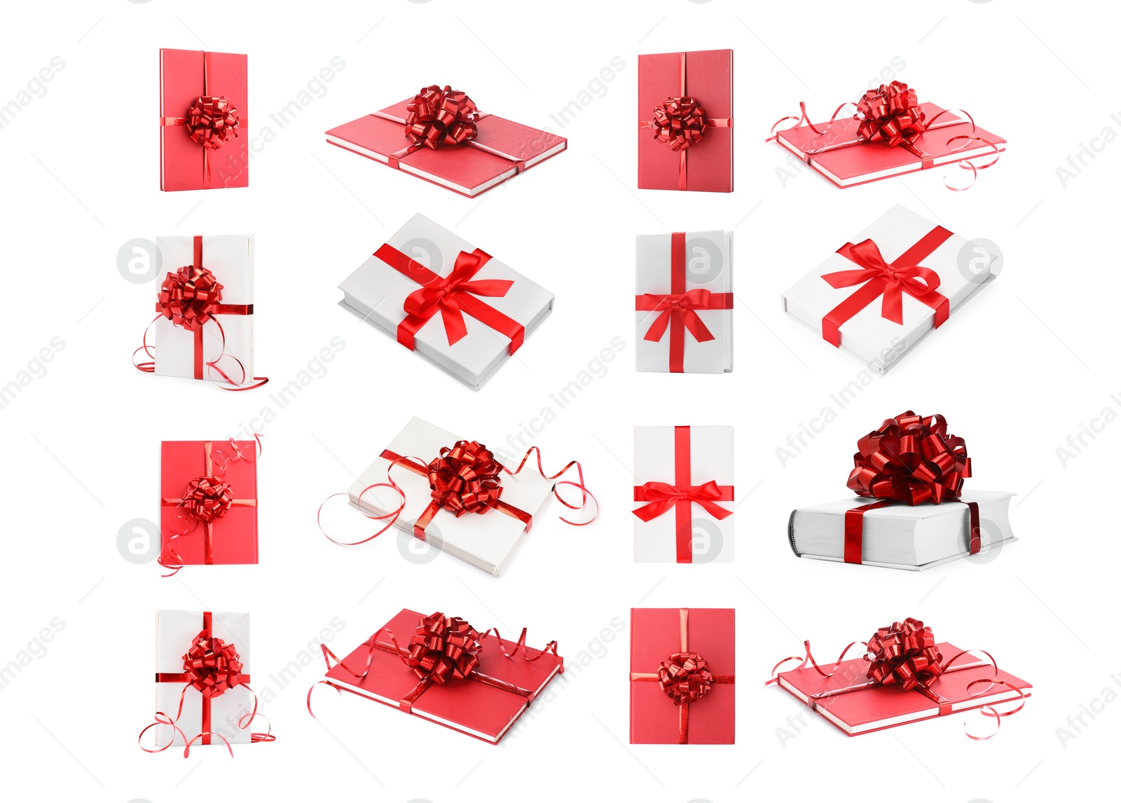 Image of Books decorated with red bows isolated on white. Nice holiday gift