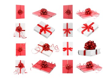 Image of Books decorated with red bows isolated on white. Nice holiday gift