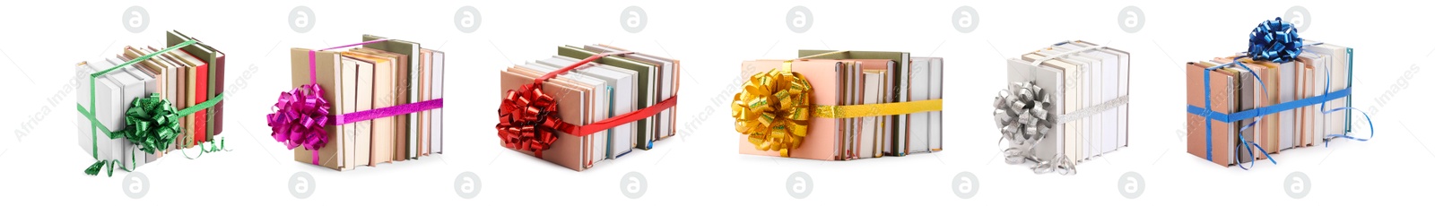 Image of Stacked books decorated with bows isolated on white. Nice holiday gift