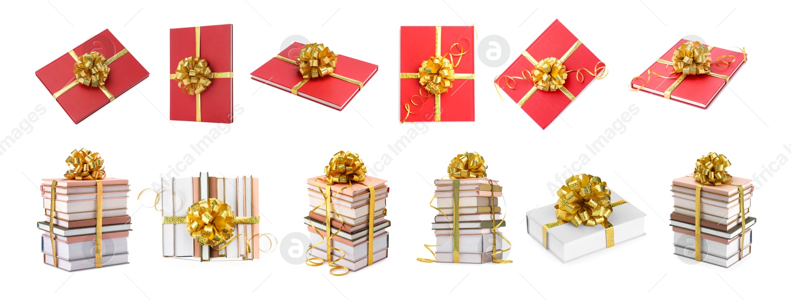 Image of Books decorated with golden color bows isolated on white. Nice holiday gift