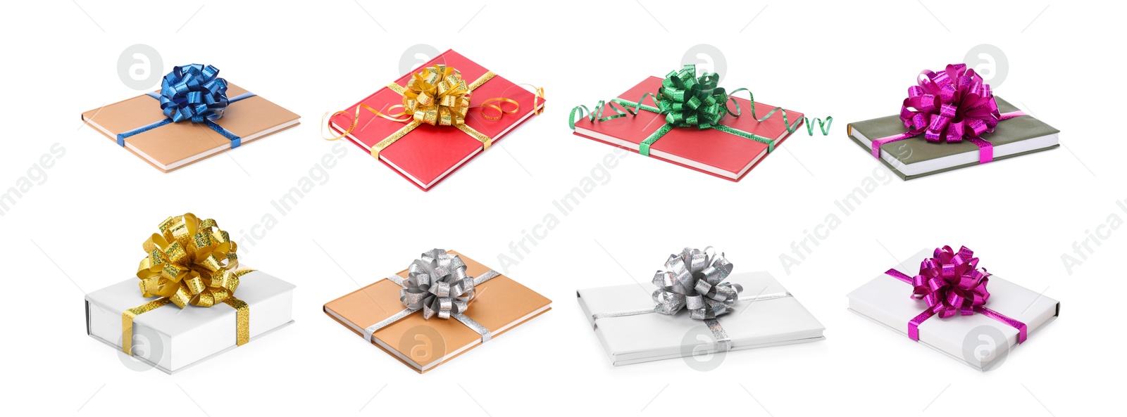 Image of Books decorated with bows isolated on white. Nice holiday gift