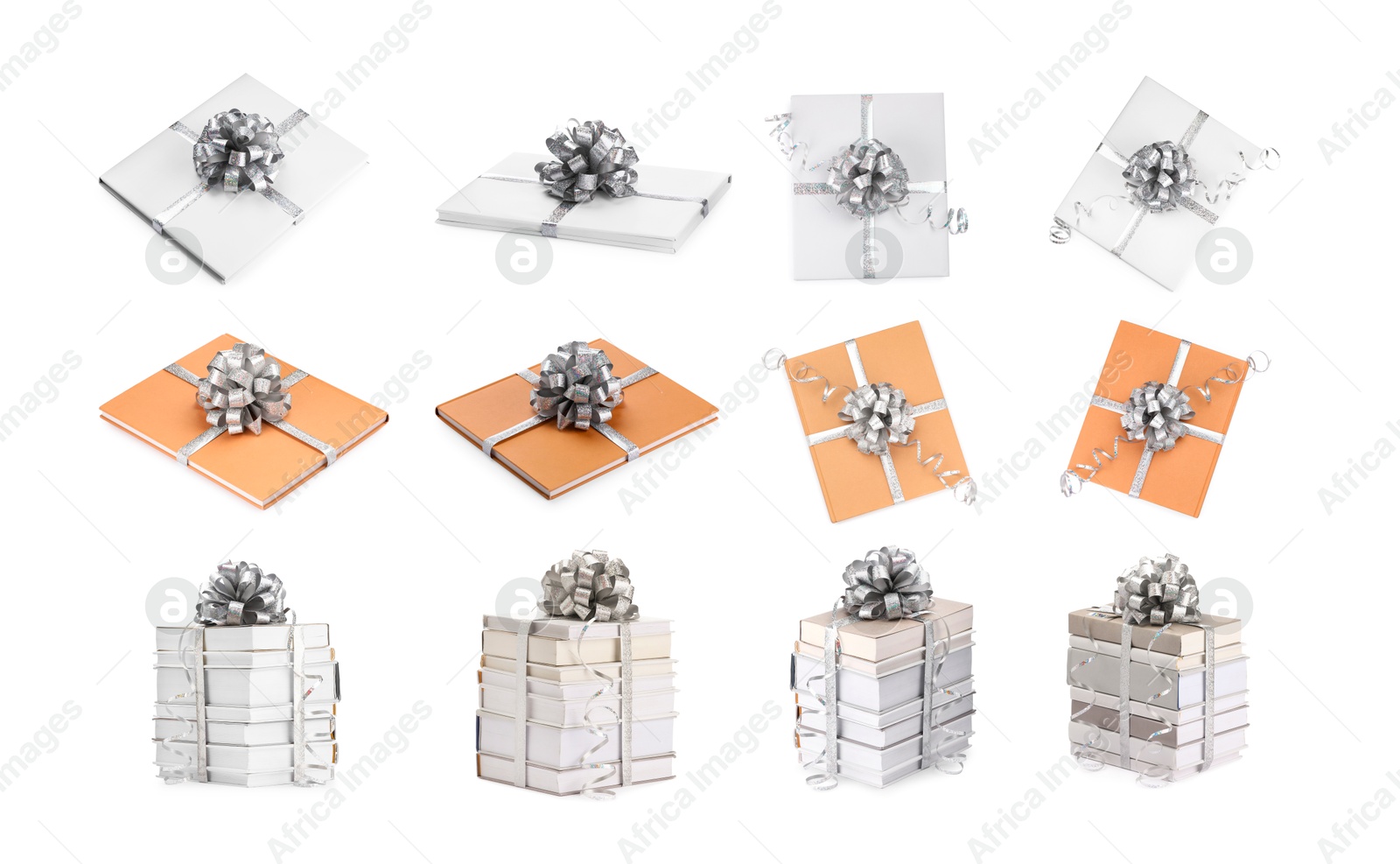 Image of Books decorated with silver bows isolated on white. Nice holiday gift