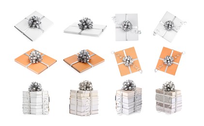 Image of Books decorated with silver bows isolated on white. Nice holiday gift