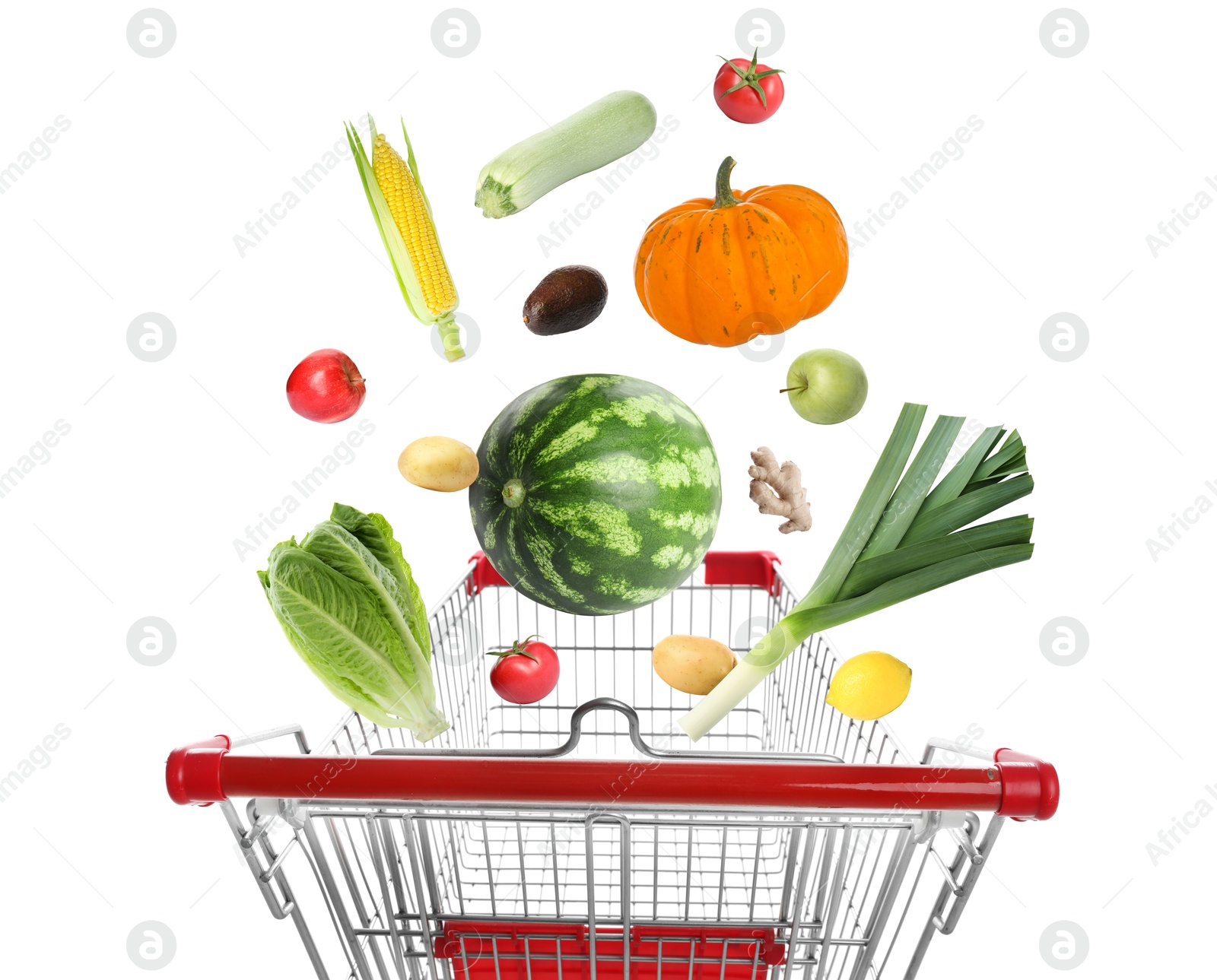 Image of Groceries falling into shopping cart on white background