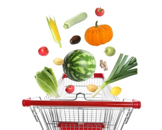 Image of Groceries falling into shopping cart on white background