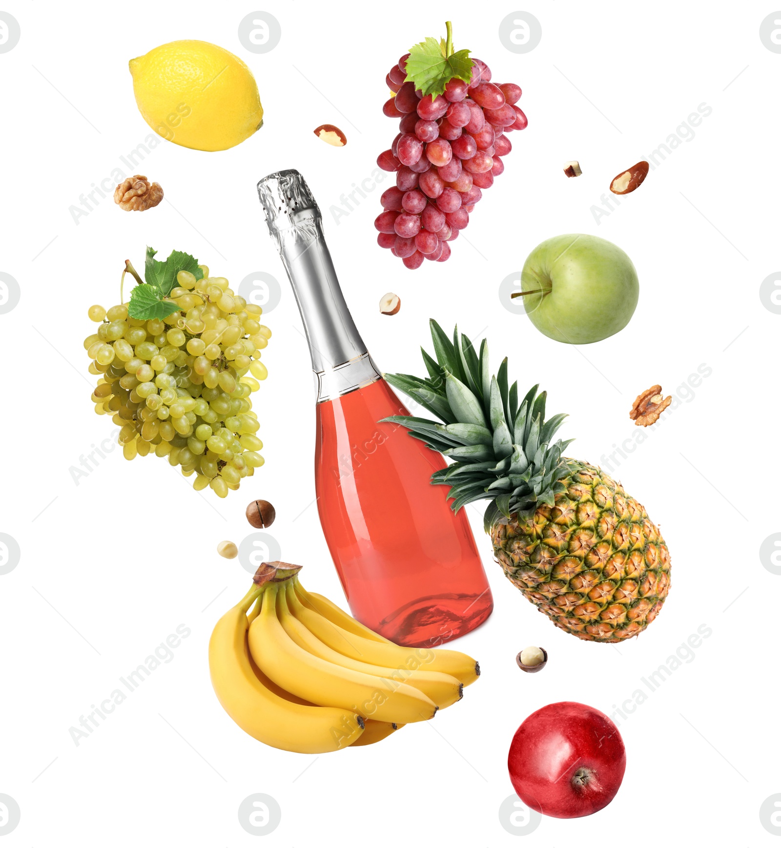 Image of Different products in air on white background