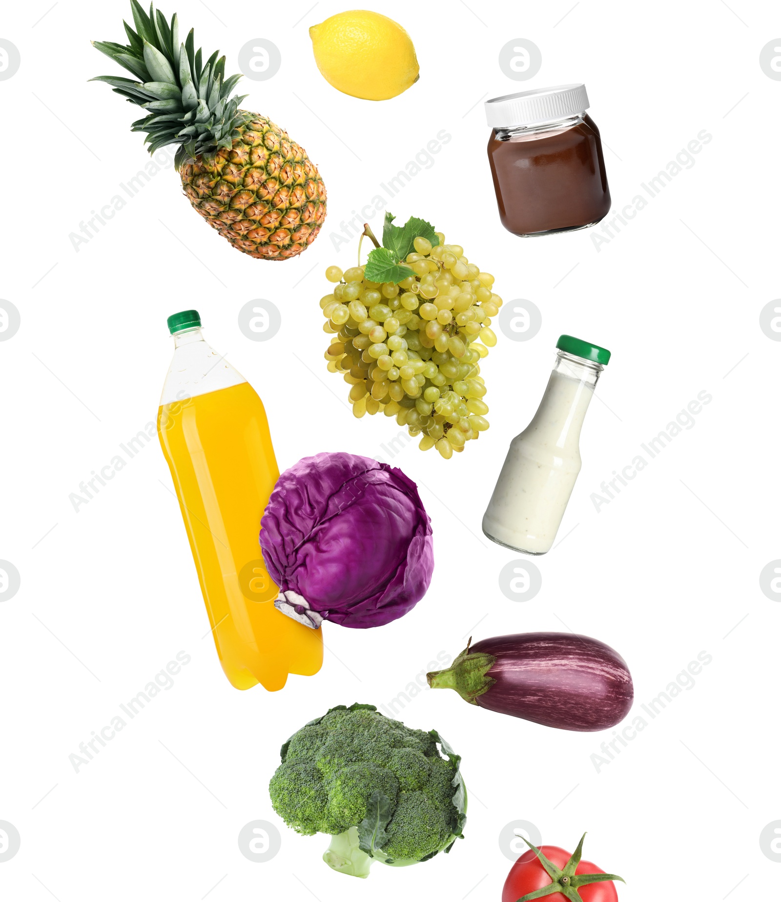 Image of Different products in air on white background