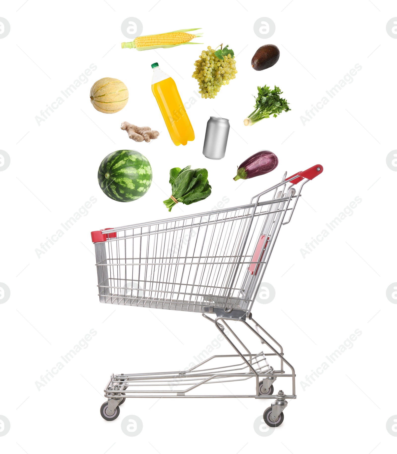 Image of Groceries falling into shopping cart on white background