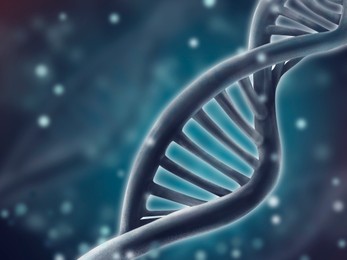 Image of DNA double helix structure on blurred background, illustration. Science of genetics