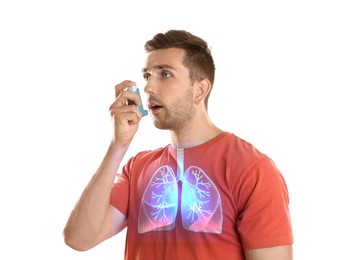 Image of Young man with asthma using inhaler on white background. Illustration of lungs