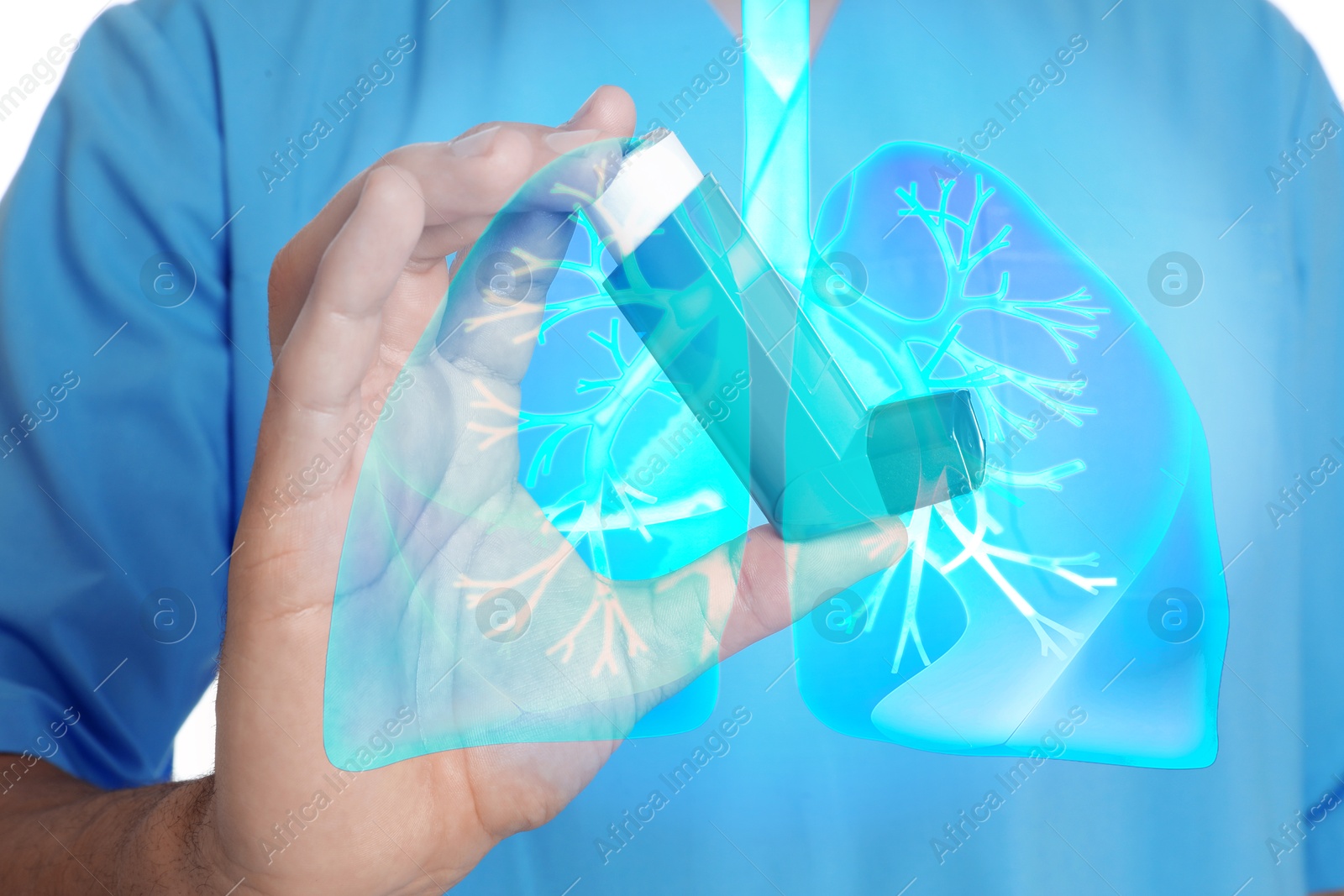 Image of Doctor holding asthma inhaler on white background, closeup. Illustration of lungs