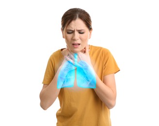 Image of Woman with asthma coughing on white background. Illustration of lungs