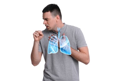 Image of Man with asthma coughing on white background. Illustration of lungs