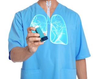 Image of Doctor holding asthma inhaler on white background, closeup. Illustration of lungs