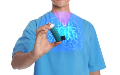 Image of Doctor holding asthma inhaler on white background, closeup. Illustration of lungs