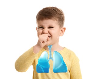 Image of Child with asthma coughing on white background. Illustration of lungs