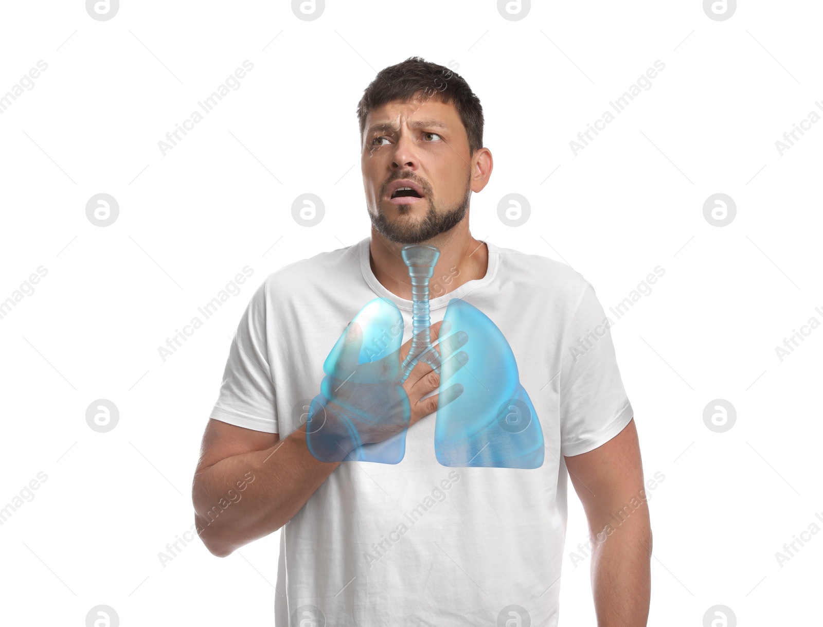 Image of Man with asthma suffering from difficulty breathing on white background. Illustration of lungs