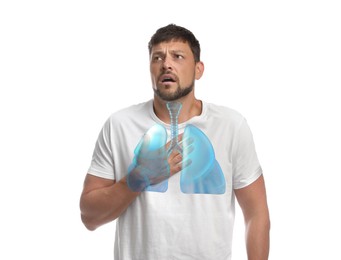 Image of Man with asthma suffering from difficulty breathing on white background. Illustration of lungs