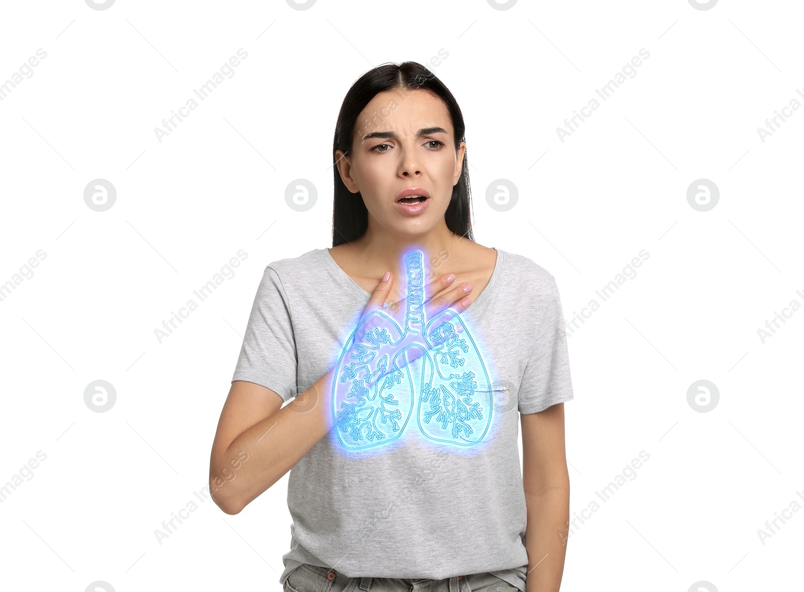 Image of Woman with asthma suffering from difficulty breathing on white background. Illustration of lungs