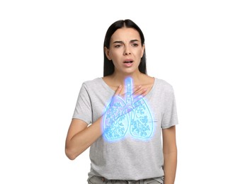 Image of Woman with asthma suffering from difficulty breathing on white background. Illustration of lungs