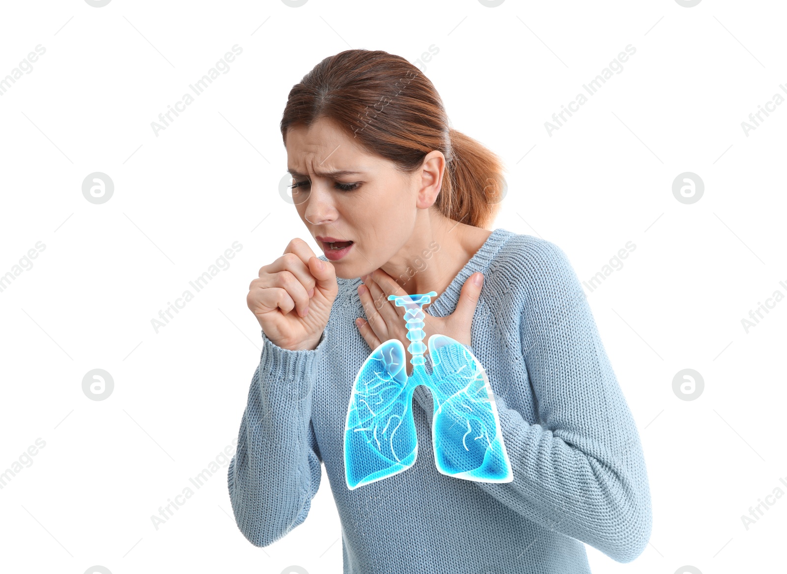 Image of Woman with asthma coughing on white background. Illustration of lungs