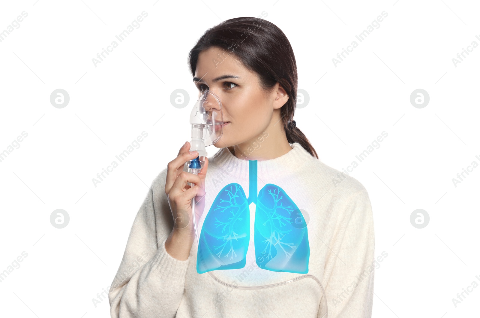 Image of Young woman with asthma using nebulizer on white background. Illustration of lungs