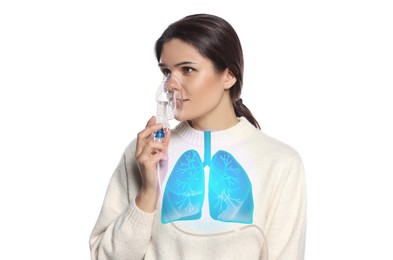 Image of Young woman with asthma using nebulizer on white background. Illustration of lungs