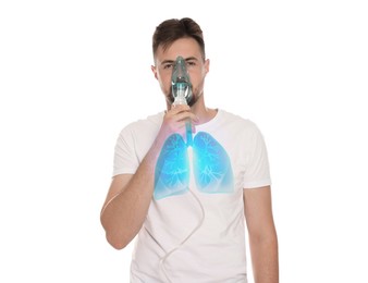 Image of Man with asthma using nebulizer for inhalation on white background. Illustration of lungs