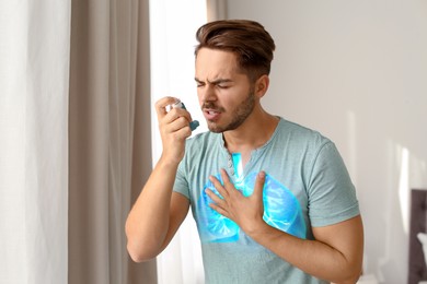 Image of Young man using asthma inhaler at home. Illustration of lungs