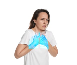 Image of Woman with asthma suffering from difficulty breathing on white background. Illustration of lungs