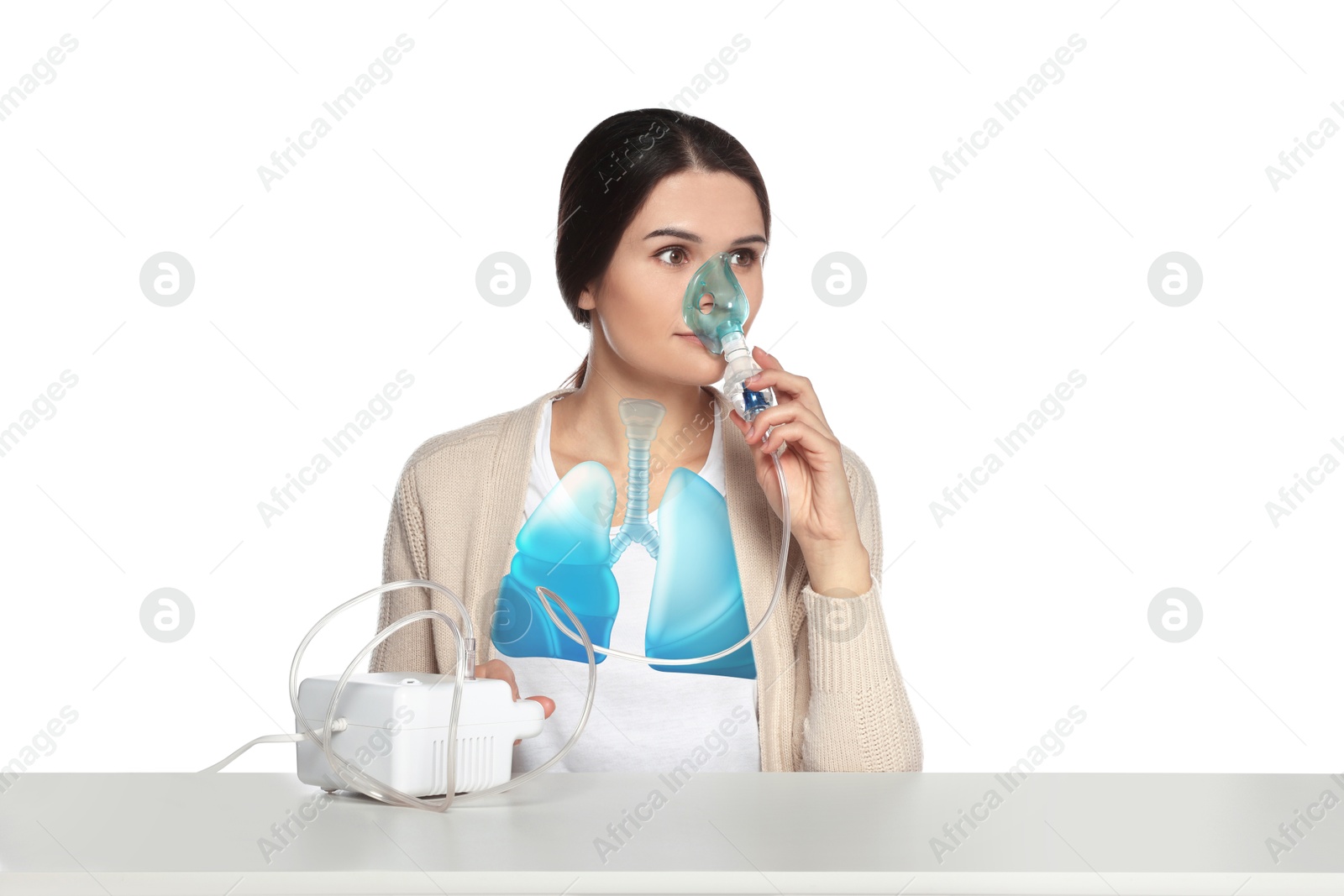 Image of Young woman with asthma using nebulizer at table on white background. Illustration of lungs